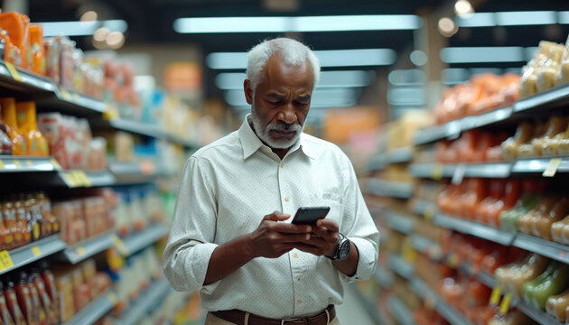 An older African American man shops in a grocery store using his phone. He browses items in the aisle looking at screen. This photo relates to tech retail and modern consumer lifestyle.