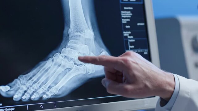 Doctors hand pointing at a digital xray of a human foot and ankle on a medical monitor