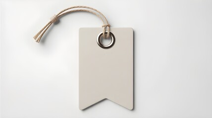 A close up of a blank beige tag with a metal grommet and twine on a white background surface