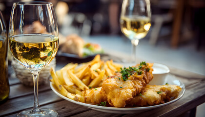 Fish and Chips Served at Restaurant Table with Wine