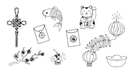 Collection of chinese new year symbols and decorations in a charming hand drawn silhouette style celebrating tradition and good fortune silhouette