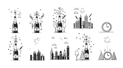 Collection of festive new year s eve celebration illustrations featuring champagne bottles fireworks city skylines and clocks in a distinctive silhouette style
