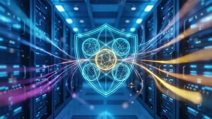 Animated digital shield forming in server room with glowing energy connections. Futuristic quantum network security visualization for cloud data protection and cybersecurity concept. video footage - Powered by Adobe