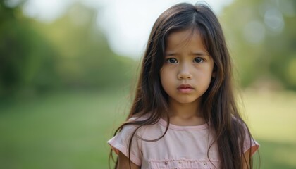 Close up photo of young girl. Child with worried face expression stares at camera. She appears concerned and has a stressed emotion. The portrait taken outdoor.