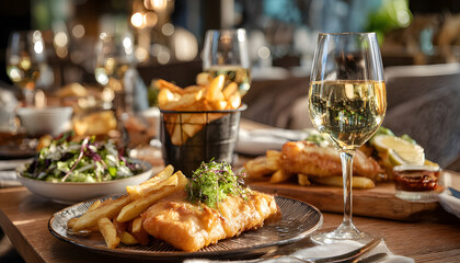 Fish and Chips Served at Restaurant Table with Wine