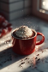 A warm mug of hot chocolate topped with whipped cream and chocolate flakes, basking in soft morning light.