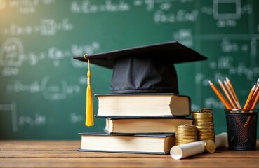 Black graduation cap atop books coins pencils diploma represent education investment. Education concept involves degree finance school student loans. Future success growth shown on blackboard