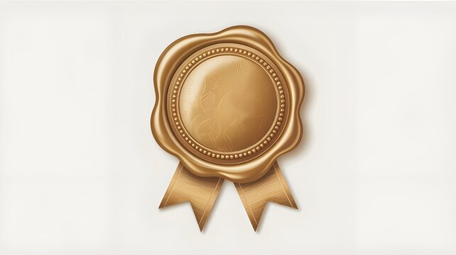 A shiny golden wax seal with two ribbons on a clean white background in a detailed close up shot