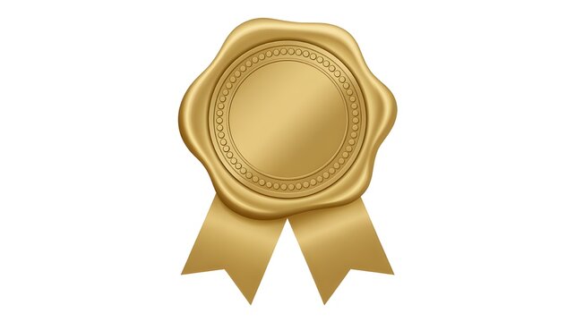 A golden wax seal with ribbons on a white background representing quality and authenticity of a product