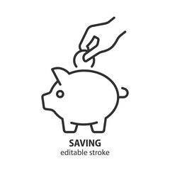 Saving money line icon. Hand putting coin into a piggy bank. Vector illustration investment, financial growth and security. Editable stroke.