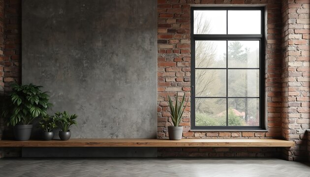 Spacious modern loft interior design. Concrete wall meets exposed red brick wall. Large window brings natural light. Wooden sill holds green house plants. Empty room ideal for background, text,
