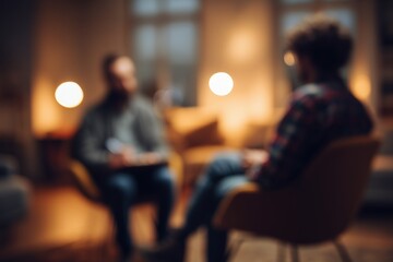 Two people sit and converse in a warmly lit, blurred living room, creating an intimate and relaxed atmosphere.