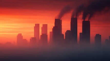 Fototapeta premium A dramatic skyline at sunset with silhouettes of skyscrapers and visible smokestacks, highlighting environmental concerns related to urban pollution.