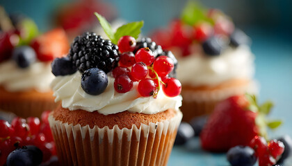 Cupcake Frosting Topped With Berries. macro studio shot
