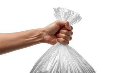 a human hand firmly holding a full tied garbage bag