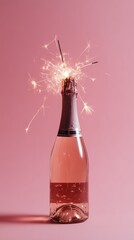 A bottle of sparkling wine adorned with a lit sparkler, set against a pink background, symbolizing celebration.
