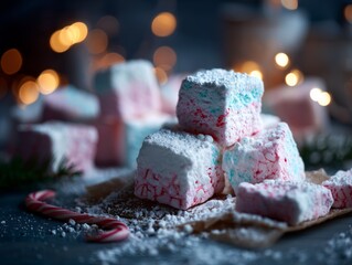 Colorful marshmallows dusted with sugar, set against a backdrop of warm, festive Christmas lights, evoke a cozy holiday atmosphere.