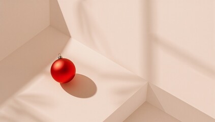 Minimal Christmas still life with red ornament on beige background  