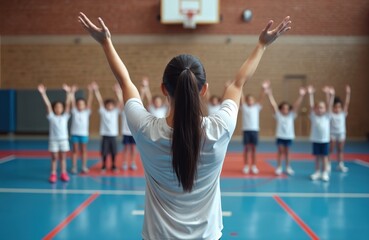 Female coach guides young students during warm up at school gym. Children raise arms to stretch before exercise. Physical education lesson at school.