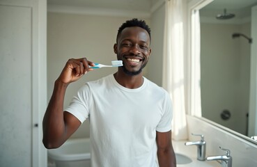 Man smiles holding toothbrush in bathroom. Black man brushing teeth indoor. Everyday morning routine, oral care, dental hygiene. Happy handsome guy with beaming smile in bathroom. Positive emotions,