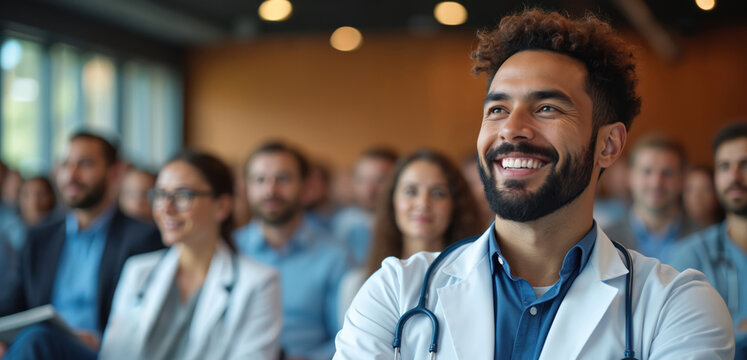Smiling male doctor in white coat with stethoscope listens attentively at medical conference. Diverse group of healthcare professionals learn new skills during lively seminar. People attend important