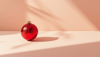 Minimal Christmas still life with red ornament on soft pink background  