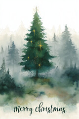 Fototapeta premium Winter landscape with a snow-covered Christmas fir tree in a white forest scene under a cold blue sky, a perfect holiday season image