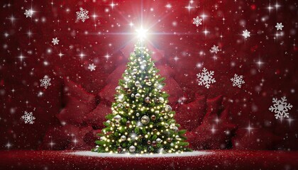 Festive Illuminated Christmas Tree with Falling Snowflakes on Red Background.