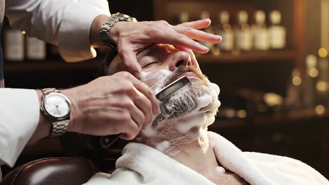 Barber shaving a mans face with a straight razor in a traditional barbershop setting