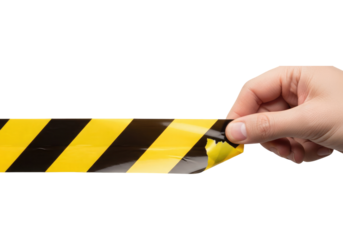 Person Holding Hazard Caution Tape for Safety And Protection, Cut Out, Clipping Path, Isolated on a Transparent PNG Background.