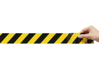 Human Hand Pulling Warning Tape With Diagonal Stripes, Cut Out, Clipping Path, Isolated on a Transparent PNG Background.