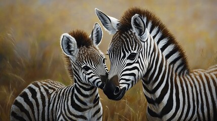 Gentle mother zebra nuzzling her newborn foal in natural savannah habitat