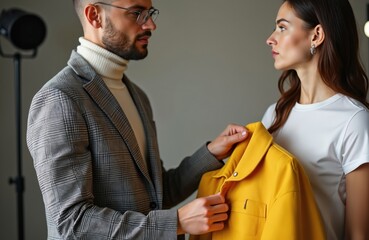 Fashion designer holds yellow jacket, shows model new collection indoors. Stylist offers fashionable clothes to caucasian young woman. Backlit background in atelier photo shows creative work process