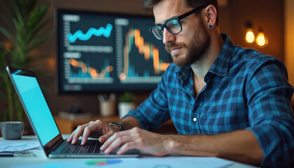 Man with glasses works at laptop. He analyzes financial data on computer screen. Business analyst studies graphs about investment. Trading charts on background. Financial tech worker.
