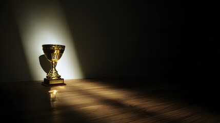 elite. A champion trophy shines under dramatic lighting, symbolizing achievement and pride. event key visuals, club posters, designed for sports event promotions and stadium branding.