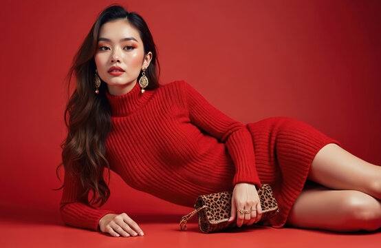 Young Asian woman poses elegantly in studio. Wears red knit turtleneck dress, large golden earrings, holds stylish leopard print clutch bag. Fashion shoot captures attractive model with warm autumn