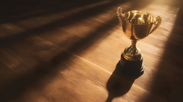 elite. A champion trophy shines under dramatic lighting, symbolizing achievement and pride. event key visuals, club posters, designed for sports event promotions and stadium branding.