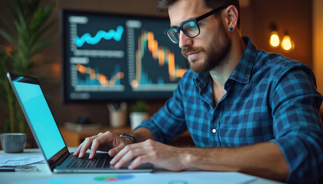 Man with glasses works at laptop. He analyzes financial data on computer screen. Business analyst studies graphs about investment. Trading charts on background. Financial tech worker.