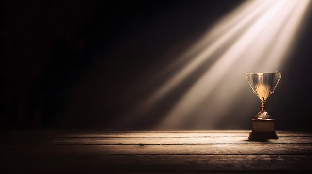 elite. A champion trophy shines under dramatic lighting, symbolizing achievement and pride. event key visuals, club posters, designed for sports event promotions and stadium branding.