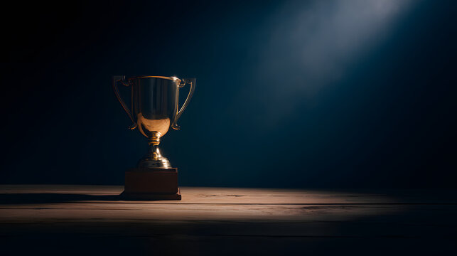 elite. A champion trophy shines under dramatic lighting, symbolizing achievement and pride. event key visuals, club posters, designed for sports event promotions and stadium branding.