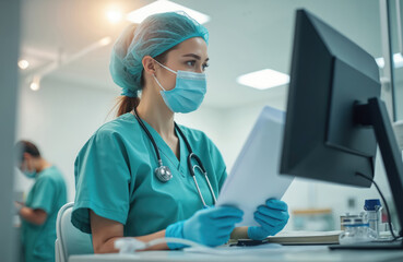 Young female medic works focused on computer in hospital office, analyzing patient data. Wears mask, gloves, uniform, hairnet, stethoscope. Doctor reviews patient documents, health records for