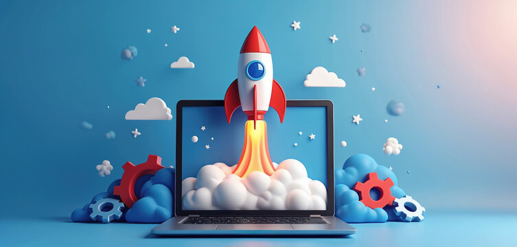 A rocket launches from a laptop screen symbolizing a startup successful launch. Concept of new business growth innovation tech and future development. Illustration for business success.