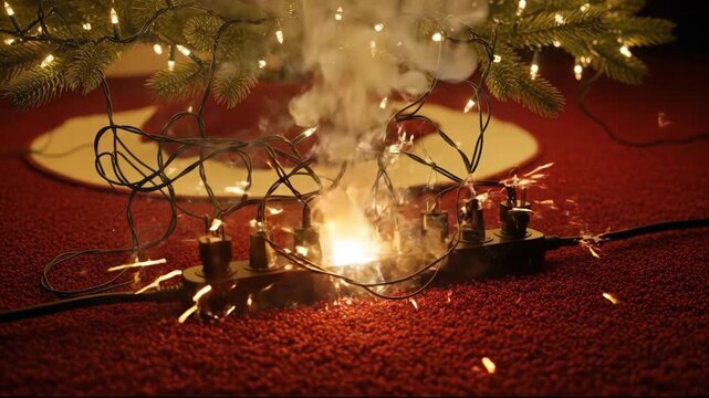 An overloaded power strip sparks and smokes beneath a christmas tree, creating a hazardous situation. sparks and smoke highlight electrical safety during holiday celebrations.