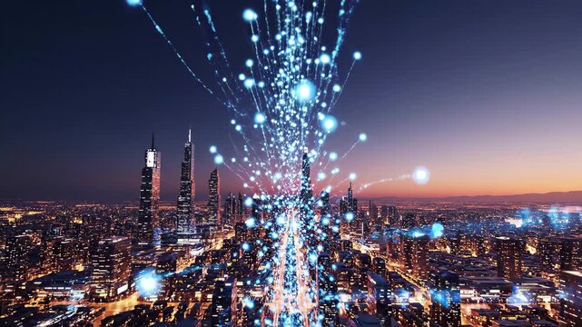 Futuristic city skyline at dusk with glowing blue data stream rising, symbolizing global connectivity