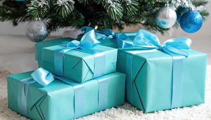 Christmas presents wrapped in blue paper with ribbons under the tree.