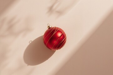 Red Christmas ornament in minimal style with soft shadows on surface  