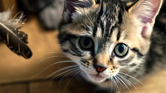 Cute kitten exploring indoors with curious eyes and playful movements