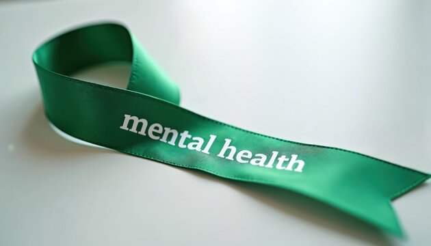 Green ribbon with mental health text is on a white surface. This symbol represents support and awareness for mental wellness and psychology. May is mental health awareness month.