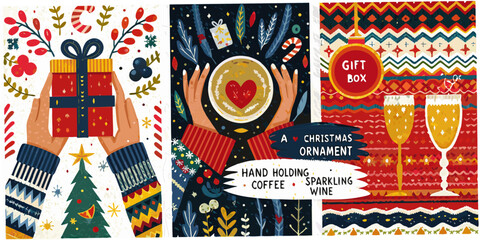 Festive christmas collage with gifts coffee ornament and sparkling wine
