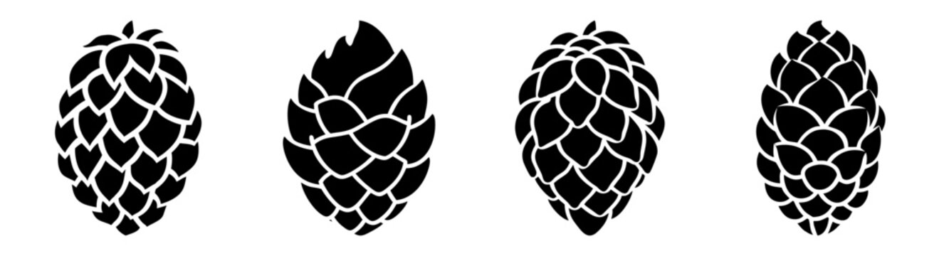 Illustration of four black hop cones with varying shapes on a white background design element